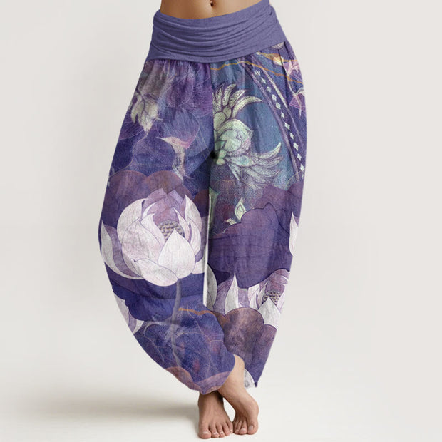 Buddha Stones White Lotus Leaves Pattern Casual Women's Elastic Waist Harem Pants