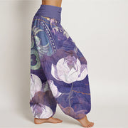 Buddha Stones White Lotus Leaves Pattern Casual Women's Elastic Waist Harem Pants