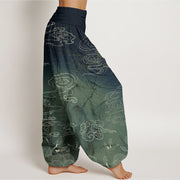 Buddha Stones White Auspicious Clouds Birds Tree Pattern Women's Elastic Waist Harem Pants