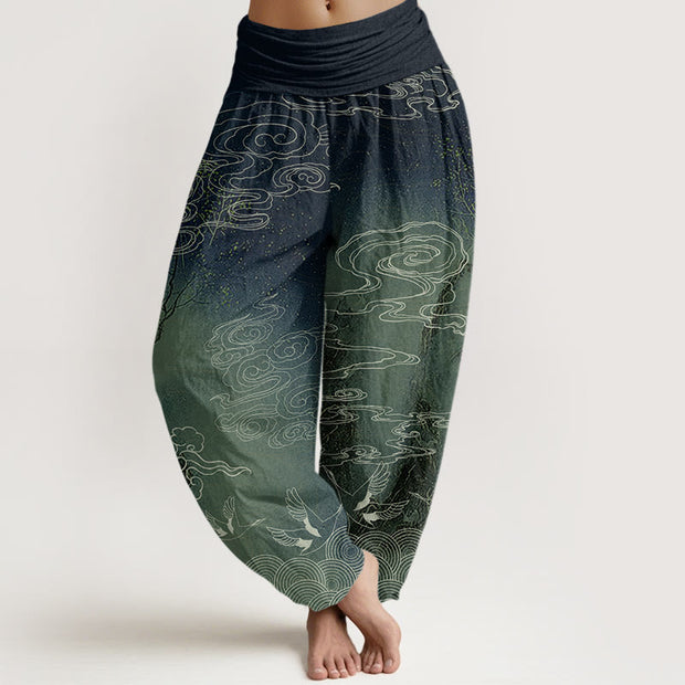 Buddha Stones White Auspicious Clouds Birds Tree Pattern Women's Elastic Waist Harem Pants