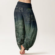 Buddha Stones White Auspicious Clouds Birds Tree Pattern Women's Elastic Waist Harem Pants