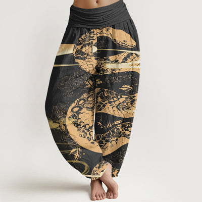 Buddha Stones Auspicious Clouds With Snake Pattern Women's Elastic Waist Harem Pants - Black - US22，UK/AU26，EU54 (6XL) - image 1