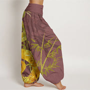 Buddha Stones Snake Surrounding Bamboo Pattern Women's Elastic Waist Harem Pants