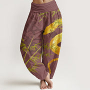 Buddha Stones Snake Surrounding Bamboo Pattern Women's Elastic Waist Harem Pants