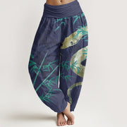 Buddha Stones Snake Surrounding Bamboo Pattern Women's Elastic Waist Harem Pants