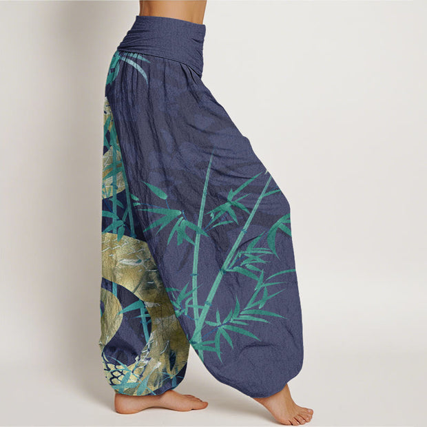 Buddha Stones Snake Surrounding Bamboo Pattern Women's Elastic Waist Harem Pants