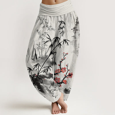 Buddha Stones Plum Blossoms Bamboo Orchids Chrysanthemums Pattern Women's Elastic Waist Harem Pants - LightGrey - US22，UK/AU26，EU54 (6XL) - image 1