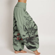 Buddha Stones Plum Blossoms Bamboo Orchids Chrysanthemums Pattern Women's Elastic Waist Harem Pants