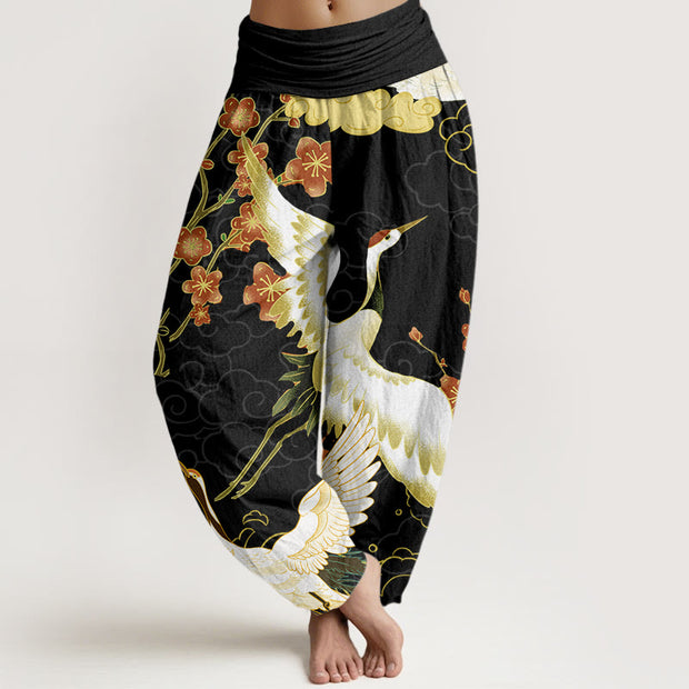 Buddha Stones Cranes Flowers Auspicious Clouds pattern Women's Elastic Waist Harem Pants