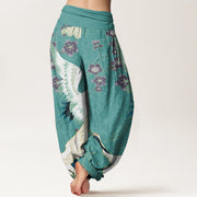 Buddha Stones Cranes Flowers Auspicious Clouds pattern Women's Elastic Waist Harem Pants