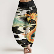 Buddha Stones Dragons Auspicious Clouds pattern Women's Elastic Waist Harem Pants