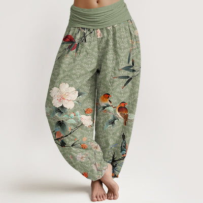 Buddha Stones Warbler Bird Blooming Flower Branches Mandala Pattern Women's Elastic Waist Harem Pants - LightGreen - US22，UK/AU26，EU54 (6XL) - image 1