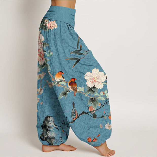 Buddha Stones Warbler Bird Blooming Flower Branches Mandala Pattern Women's Elastic Waist Harem Pants