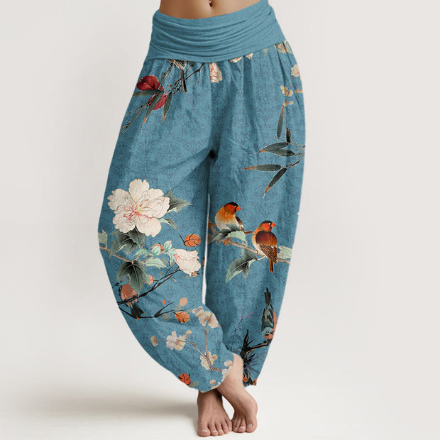 Buddha Stones Warbler Bird Blooming Flower Branches Mandala Pattern Women's Elastic Waist Harem Pants