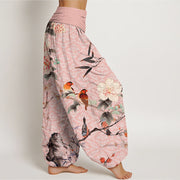 Buddha Stones Warbler Bird Blooming Flower Branches Mandala Pattern Women's Elastic Waist Harem Pants