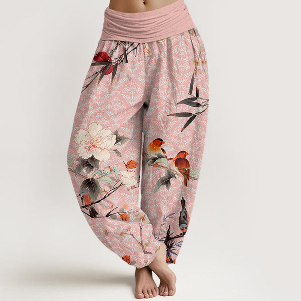 Buddha Stones Warbler Bird Blooming Flower Branches Mandala Pattern Women's Elastic Waist Harem Pants