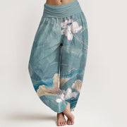 Buddha Stones Lotus Flowers Leaves Pattern Women's Elastic Waist Harem Pants