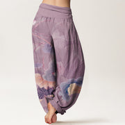 Buddha Stones Lotus Flowers Leaves Pattern Women's Elastic Waist Harem Pants