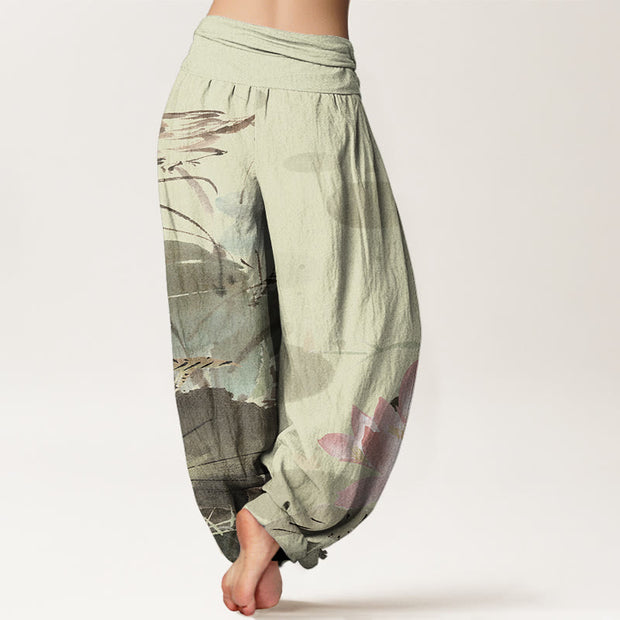 Buddha Stones Pink Lotus Leaves Bird Pattern Women's Elastic Waist Harem Pants