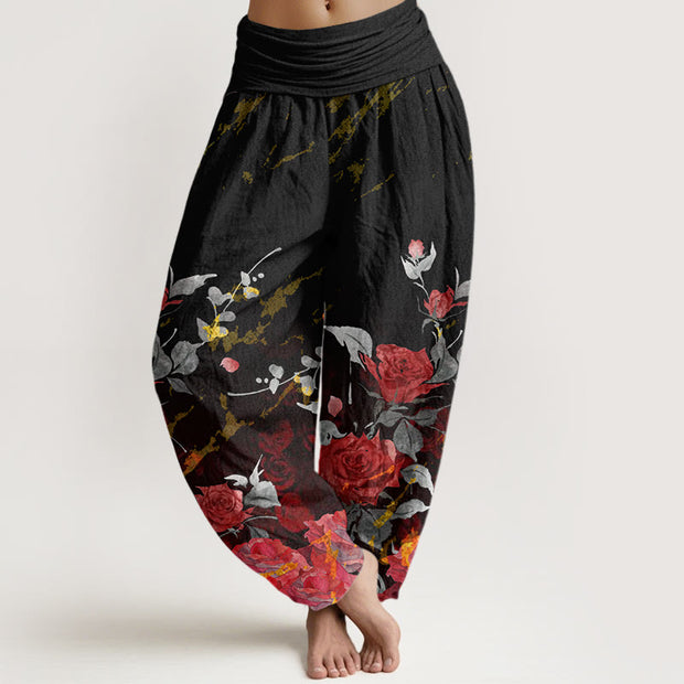 Buddha Stones Blooming Roses Pattern Women's Elastic Waist Harem Pants - Black - US22，UK/AU26，EU54 (6XL) - image 1