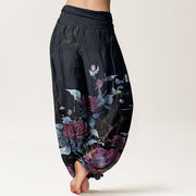 Buddha Stones Blooming Roses Pattern Women's Elastic Waist Harem Pants