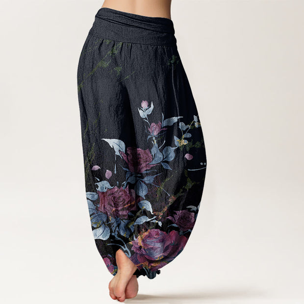 Buddha Stones Blooming Roses Pattern Women's Elastic Waist Harem Pants - image 7