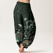 Buddha Stones Blooming Roses Pattern Women's Elastic Waist Harem Pants