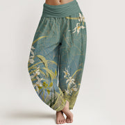 Buddha Stones White Flowers Yellow Green Leaves Grass Pattern Women's Elastic Waist Harem Pants