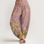 Buddha Stones White Flowers Yellow Green Leaves Grass Pattern Women's Elastic Waist Harem Pants