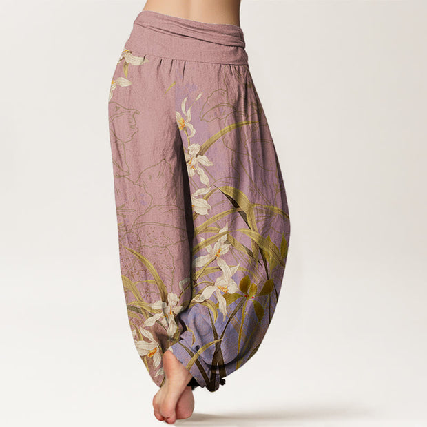 Buddha Stones White Flowers Yellow Green Leaves Grass Pattern Women's Elastic Waist Harem Pants