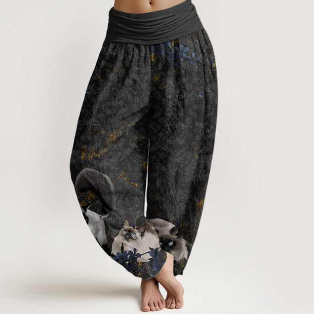 Buddha Stones Siamese Cats Flower Coin Pattern Women's Elastic Waist Harem Pants