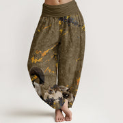 Buddha Stones Siamese Cats Flower Coin Pattern Women's Elastic Waist Harem Pants