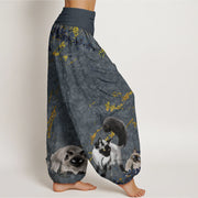 Buddha Stones Siamese Cats Flower Coin Pattern Women's Elastic Waist Harem Pants