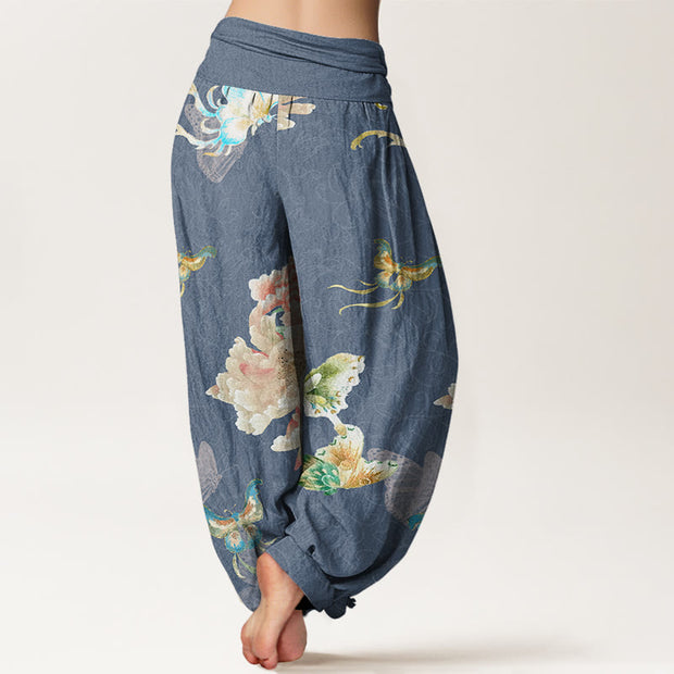 Buddha Stones Chrysanthemums Butterflies Pattern Women's Elastic Waist Harem Pants