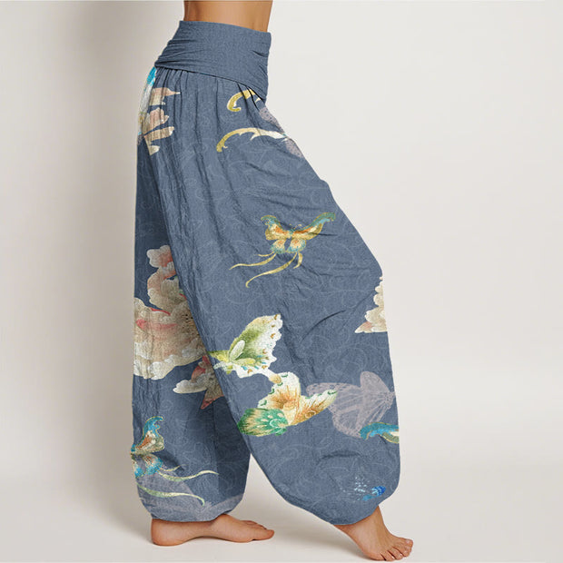 Buddha Stones Chrysanthemums Butterflies Pattern Women's Elastic Waist Harem Pants