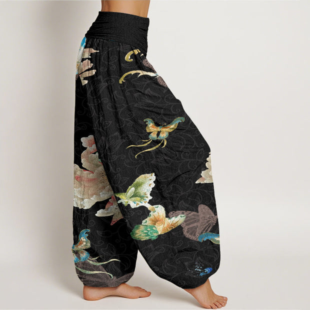 Buddha Stones Chrysanthemums Butterflies Pattern Women's Elastic Waist Harem Pants