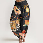 Buddha Stones Koi Fish Lanterns Chrysanthemums Fruit Trees Women's Elastic Waist Harem Pants