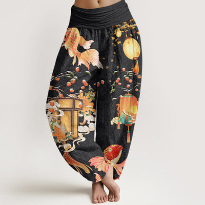 Buddha Stones Koi Fish Lanterns Chrysanthemums Fruit Trees Women's Elastic Waist Harem Pants