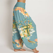 Buddha Stones Koi Fish Lanterns Chrysanthemums Fruit Trees Women's Elastic Waist Harem Pants