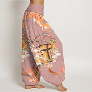 Buddha Stones Koi Fish Lanterns Chrysanthemums Fruit Trees Women's Elastic Waist Harem Pants