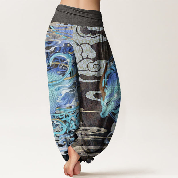 Buddha Stones Dragons Auspicious Clouds Pattern Women's Elastic Waist Harem Pants