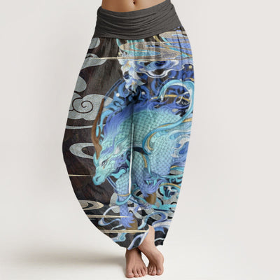 Buddha Stones Dragons Auspicious Clouds Pattern Women's Elastic Waist Harem Pants