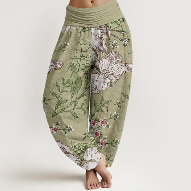 Buddha Stones Daisy White Flowers Pattern Women's Elastic Waist Harem Pants