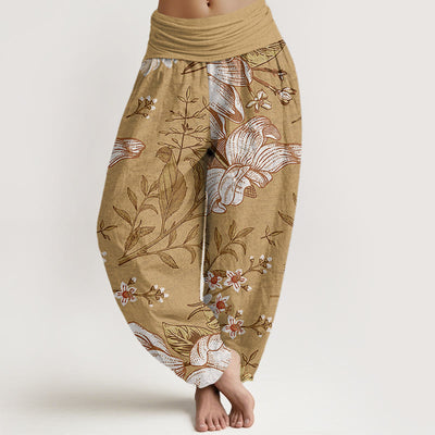 Buddha Stones Daisy White Flowers Pattern Women's Elastic Waist Harem Pants