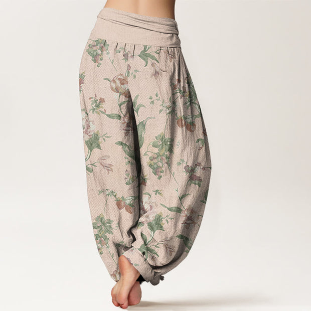 Buddha Stones Casual Pink Flowers Pattern Women's Elastic Waist Harem Pants