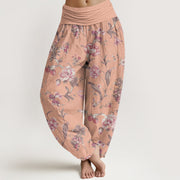 Buddha Stones Casual Pink Flowers Pattern Women's Elastic Waist Harem Pants