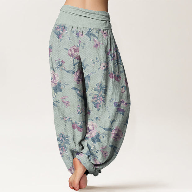 Buddha Stones Casual Pink Flowers Pattern Women's Elastic Waist Harem Pants