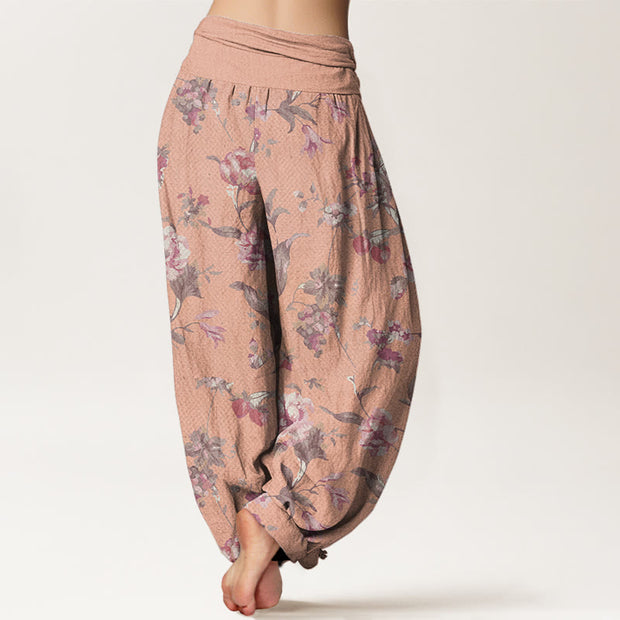 Buddha Stones Casual Pink Flowers Pattern Women's Elastic Waist Harem Pants