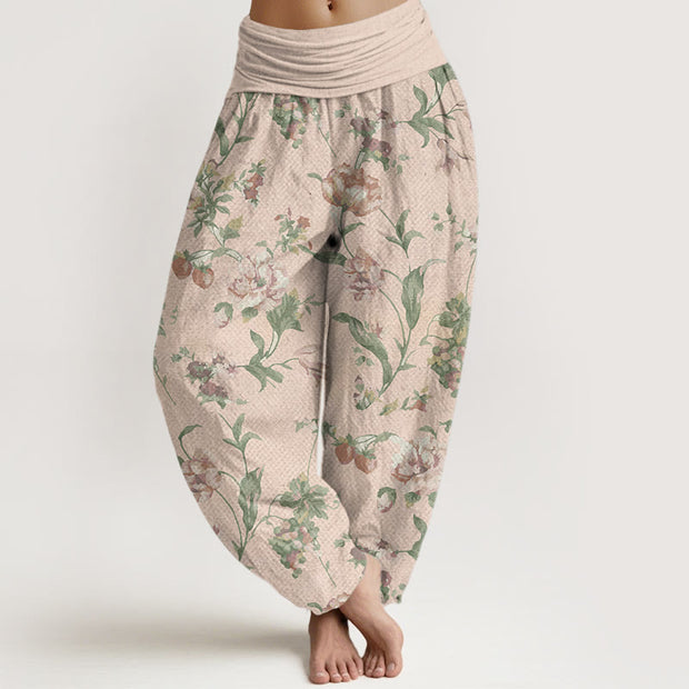 Buddha Stones Casual Pink Flowers Pattern Women's Elastic Waist Harem Pants