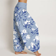 Buddha Stones Retro Magnolia Flowers Women's Elastic Waist Harem Pants